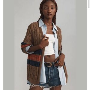 Conditions Apply Stripe Cable Cardigan Knit Sweater Brown Anthropologie S M